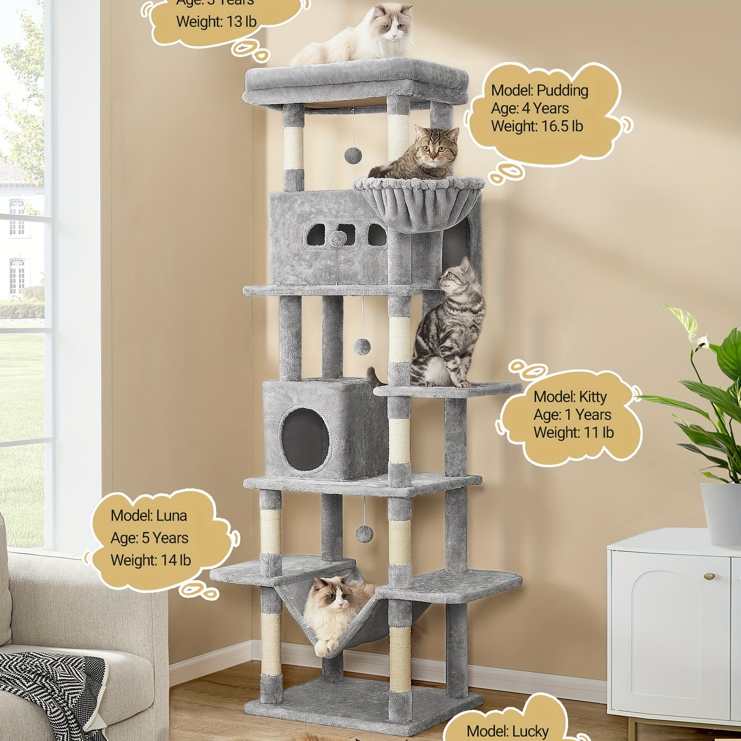 Albero per gatti grande da 170 cm, Maine Cat Tower, tiragraffi multistrato con grande trespolo, cuscinetto lavabile, mobili per cuccia per gatti con 2 grotte, 8 tiragraffi per gatti, grigio chiaro, grigio scuro