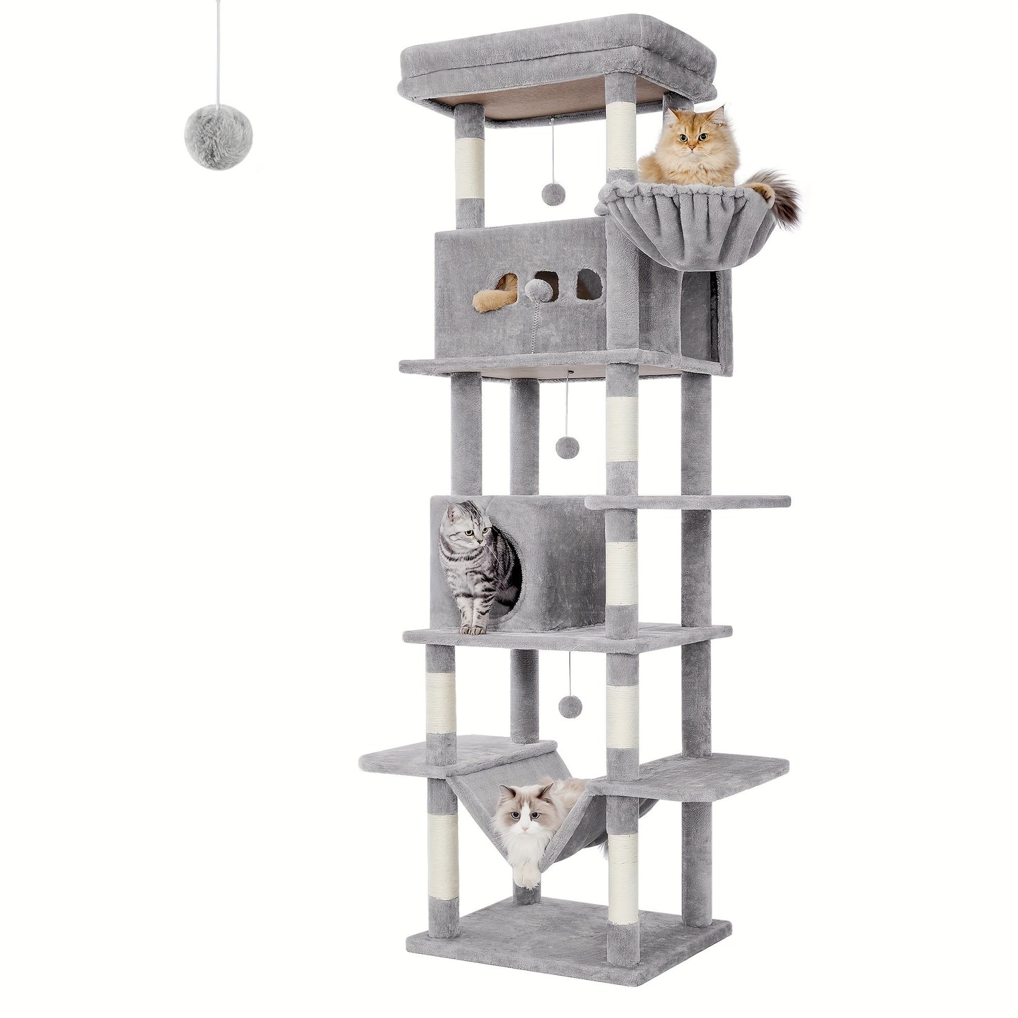 Albero per gatti grande da 170 cm, Maine Cat Tower, tiragraffi multistrato con grande trespolo, cuscinetto lavabile, mobili per cuccia per gatti con 2 grotte, 8 tiragraffi per gatti, grigio chiaro, grigio scuro