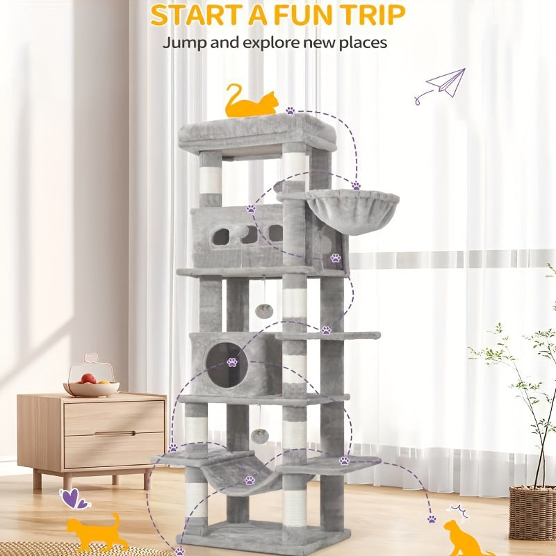 Albero per gatti grande da 170 cm, Maine Cat Tower, tiragraffi multistrato con grande trespolo, cuscinetto lavabile, mobili per cuccia per gatti con 2 grotte, 8 tiragraffi per gatti, grigio chiaro, grigio scuro