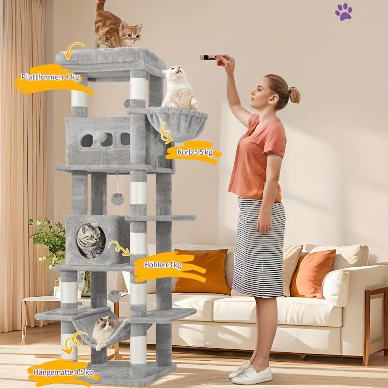 Albero per gatti grande da 170 cm, Maine Cat Tower, tiragraffi multistrato con grande trespolo, cuscinetto lavabile, mobili per cuccia per gatti con 2 grotte, 8 tiragraffi per gatti, grigio chiaro, grigio scuro