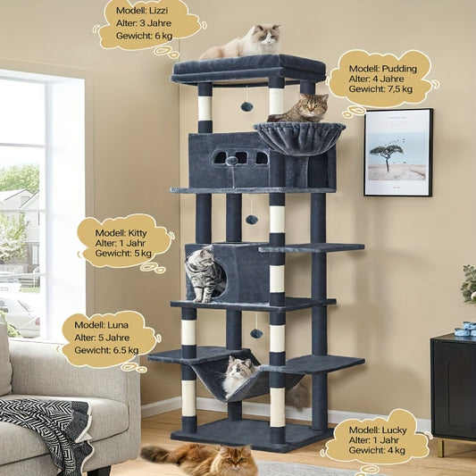 Albero per gatti grande da 170 cm, Maine Cat Tower, tiragraffi multistrato con grande trespolo, cuscinetto lavabile, mobili per cuccia per gatti con 2 grotte, 8 tiragraffi per gatti, grigio chiaro, grigio scuro